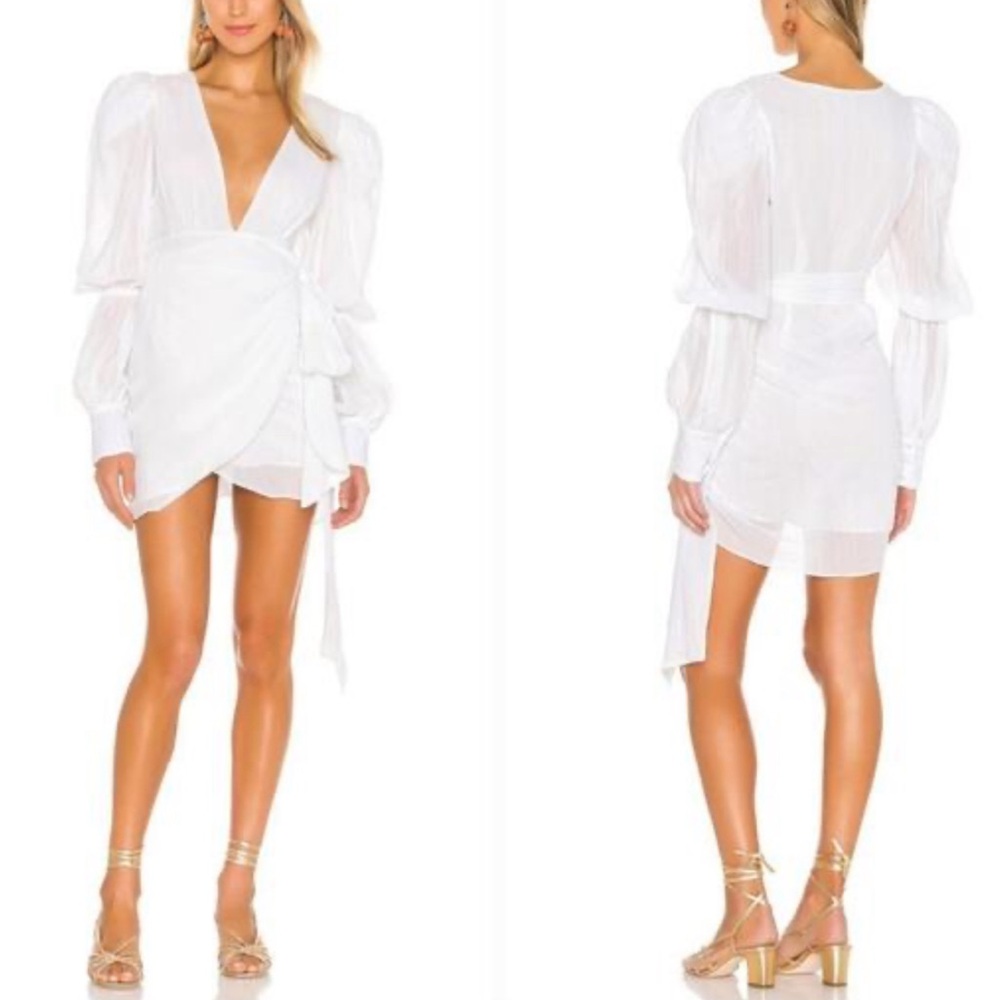 LPA Revolve White Wrap Mini Dress with Puff Sleeves